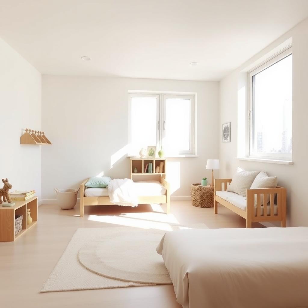 Ein helles, minimalistisches Kinderzimmer mit einem einfachen Holzbett, einem kleinen Regal mit ausgewählten Spielsachen, einem weichen Teppich in neutralen Farben und einer gemütlichen Leseecke mit Kissen.