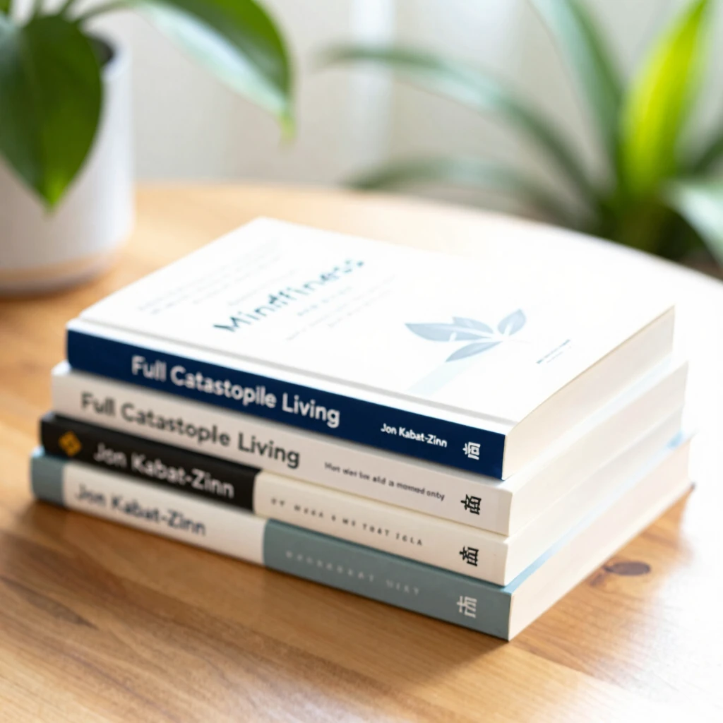 Stapel von Achtsamkeits- und Minimalismus-Büchern auf einem Holztisch mit Pflanzen