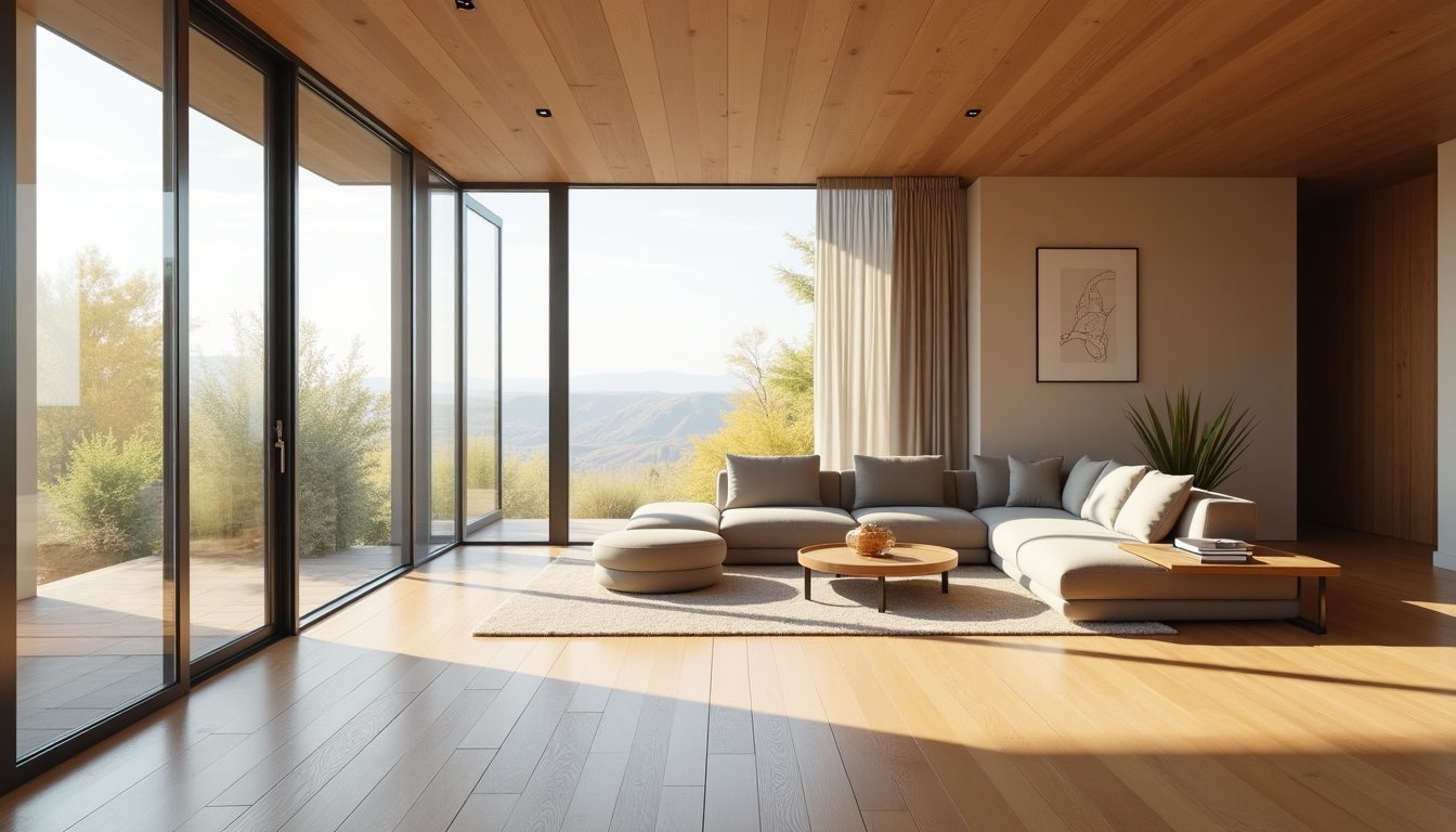 Ein modernes Wohnzimmer mit Holzfußböden, großen Fenstern und einem minimalistischen Design.