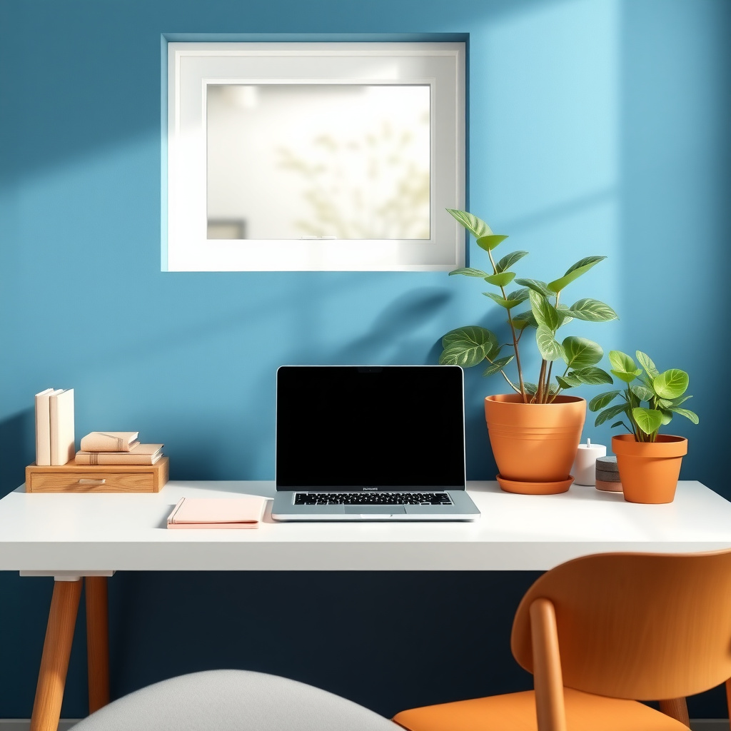 Minimalistisches Home-Office mit blauen Wänden und erdigen Akzenten