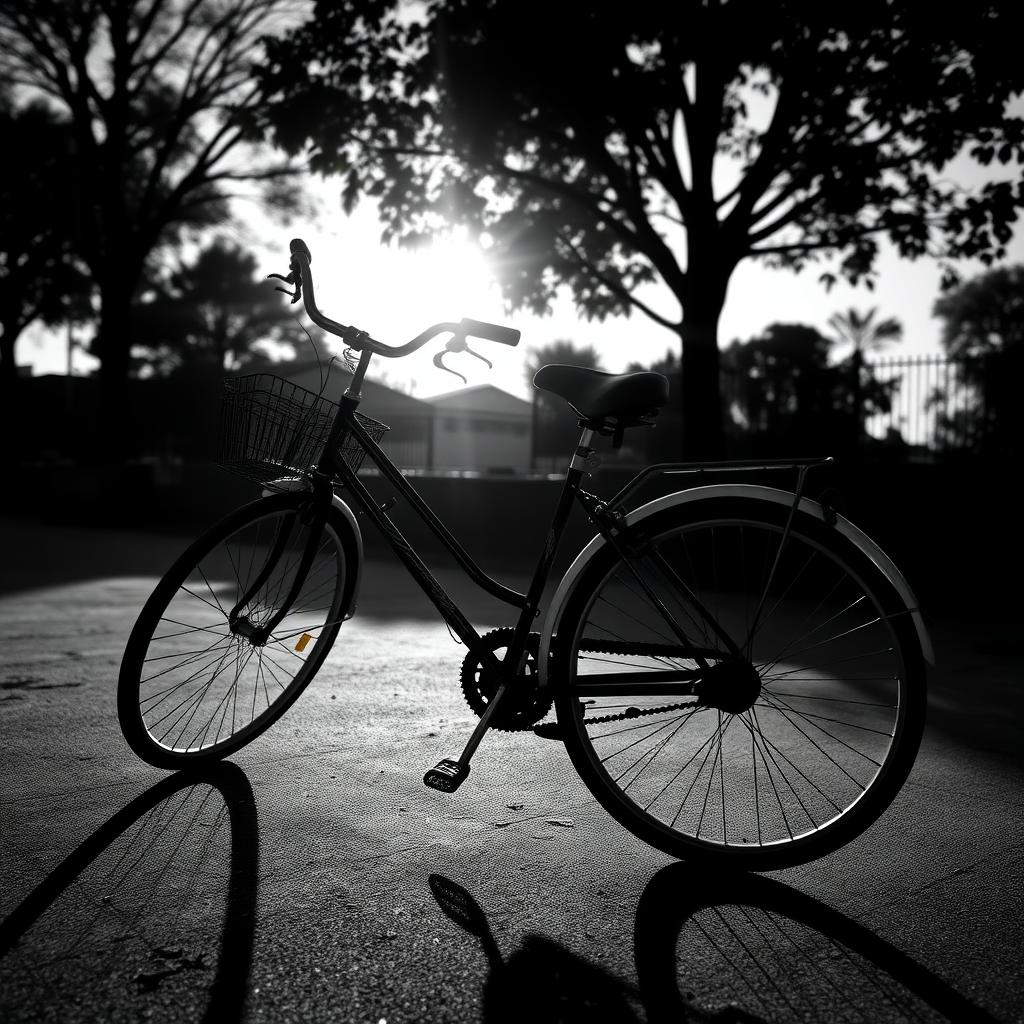 Schwarz-Weiß-Foto eines Fahrrads mit langen Schatten