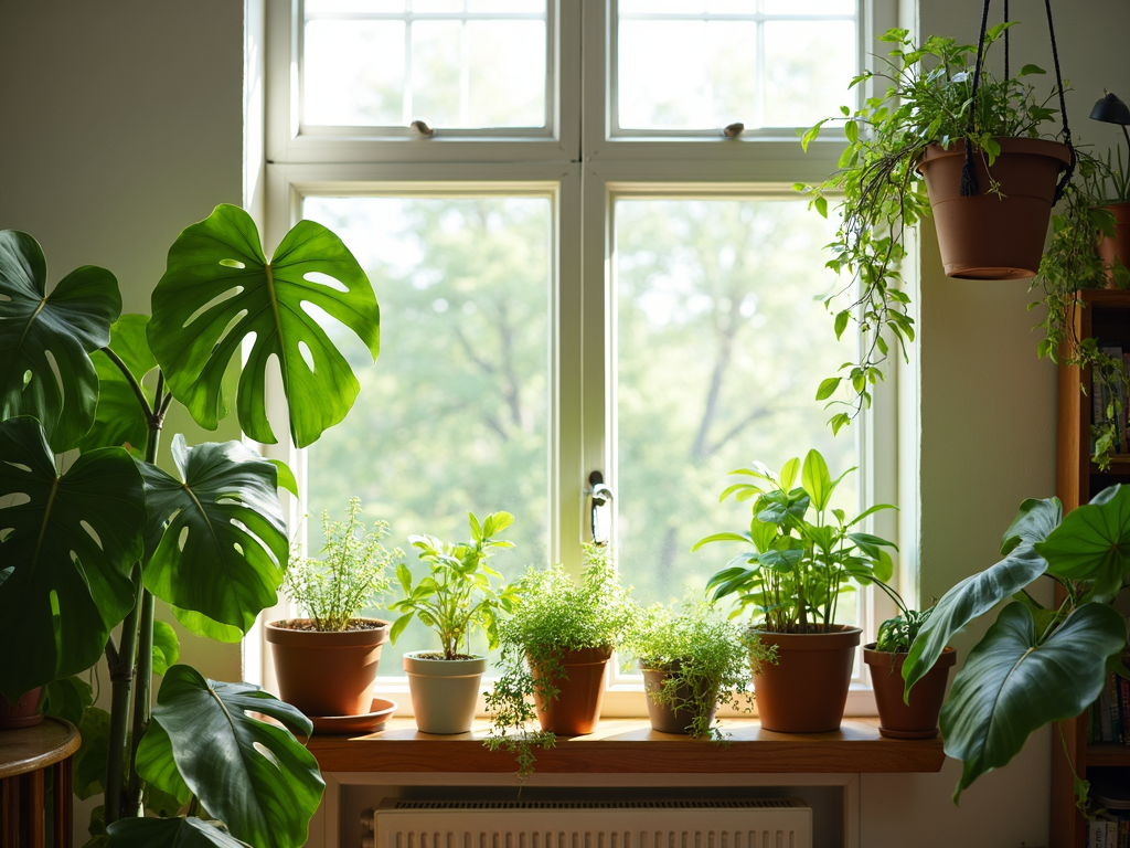 Zimmer mit vielen Zimmerpflanzen und Kräutern