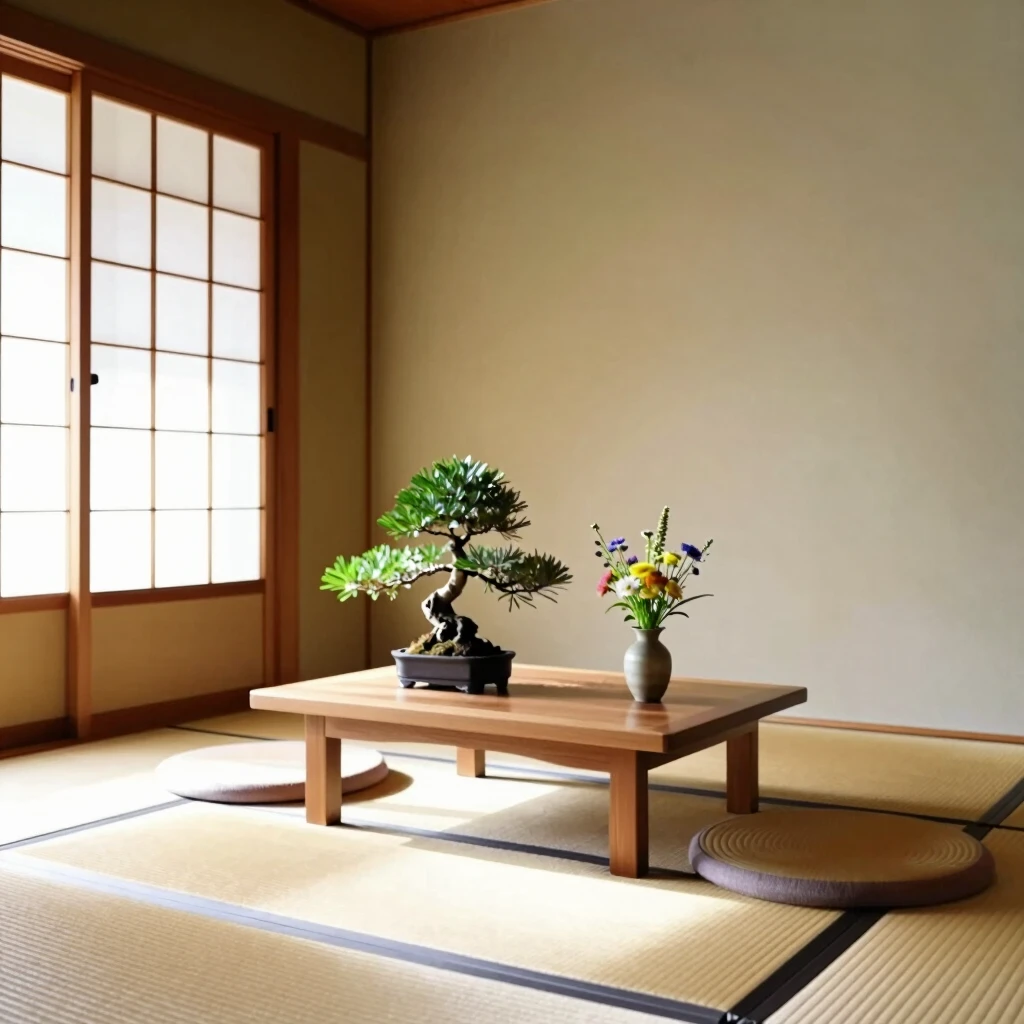 Minimalistisches japanisches Wohnzimmer mit Bonsai und Schiebetüren, Harmonie im Raum