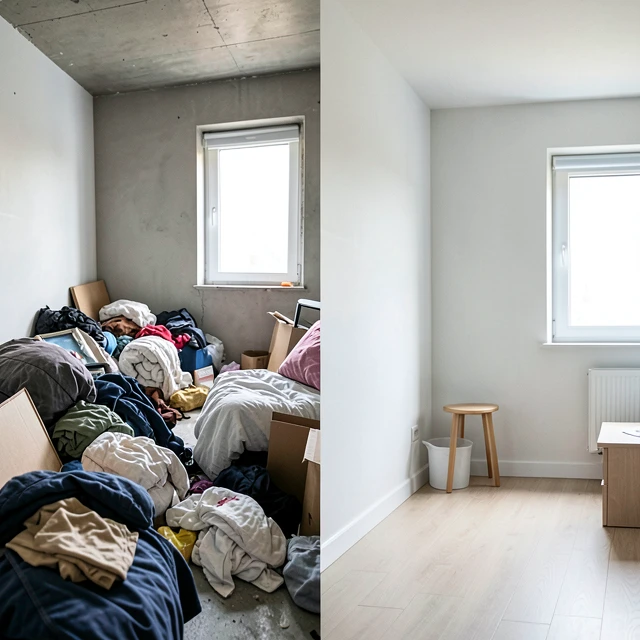 Vorher-Nachher-Vergleich eines minimalistisch aufgeräumten Raums