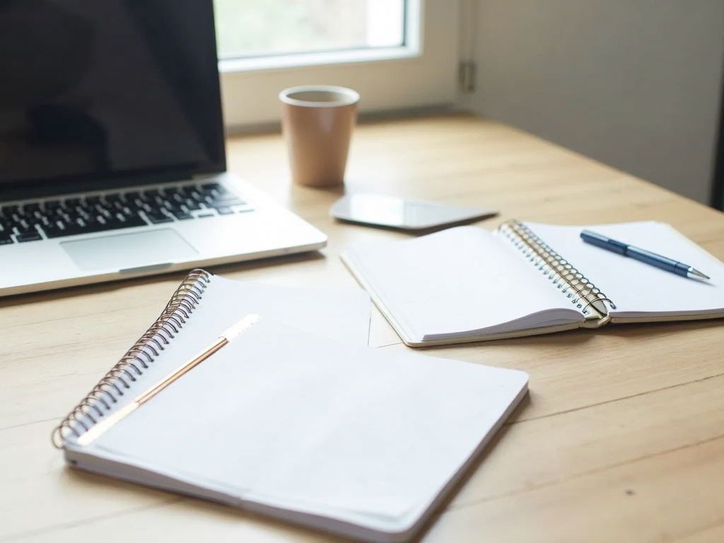 Ein aufgeräumter Arbeitsplatz mit nur wesentlichen Gegenständen wie Laptop, Notizbuch und Stift.