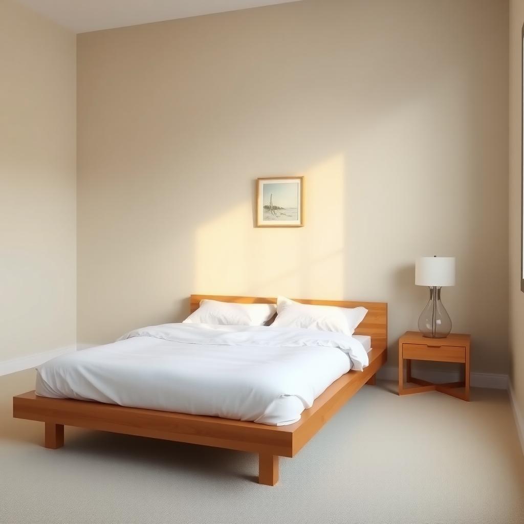 Minimalistisches Schlafzimmer mit einem niedrigen Holzbett, weißer Bettwäsche und einem schlichten Nachttisch.