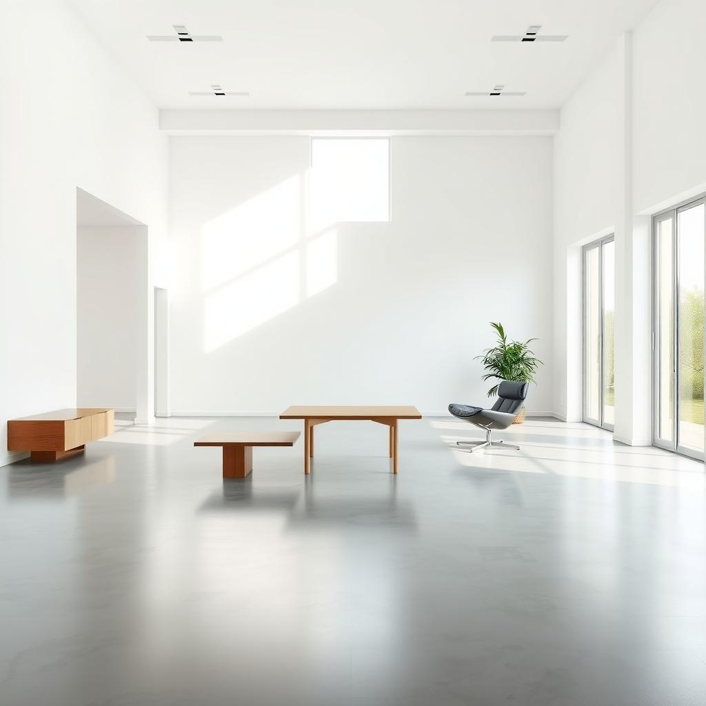 Minimalistischer Innenraum mit weißen Wänden, poliertem Betonboden und großen Fenstern, möbliert mit einem schlichten Holztisch und einem modernen Stuhl.