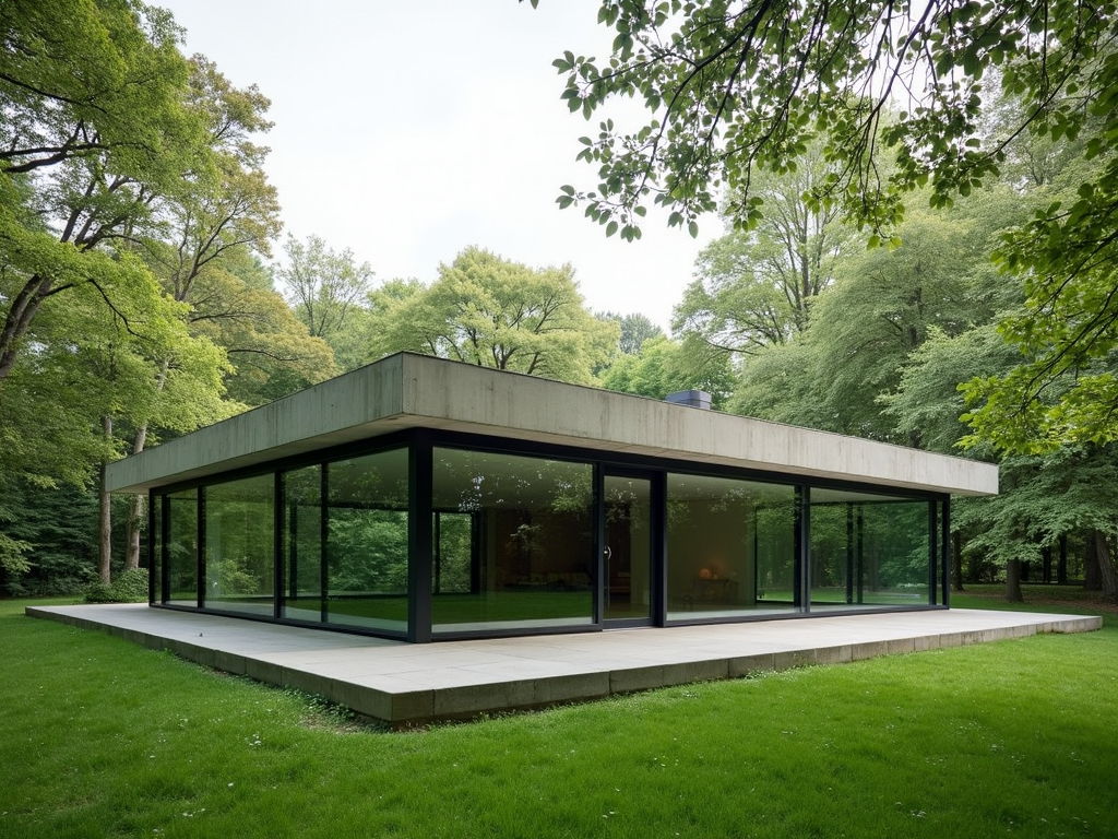 Außenansicht des Farnsworth House von Ludwig Mies van der Rohe, umgeben von Natur, mit Glaswänden, die das Grün spiegeln.