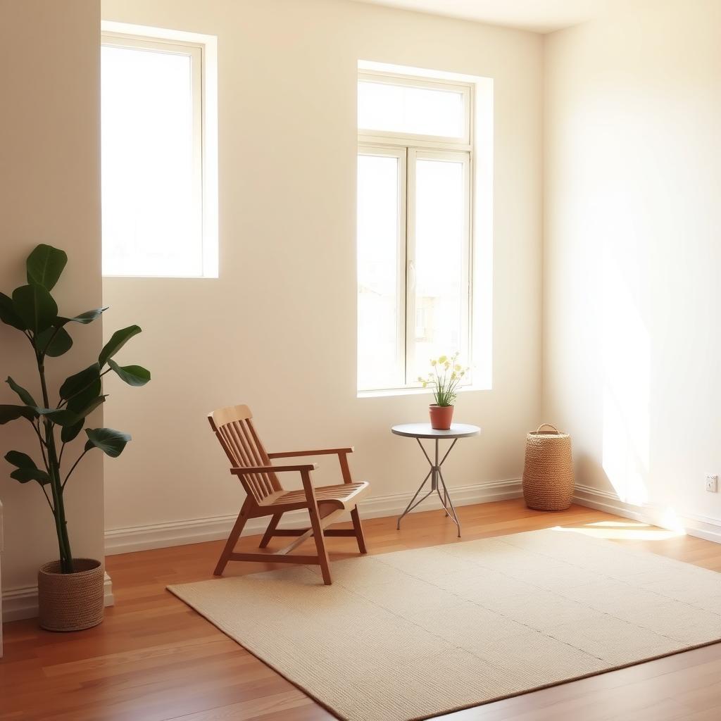 Ein gemütlicher, minimalistischer Wohnraum mit einem Holzstuhl, einem kleinen Tisch mit Topfpflanze und einem beigen Teppich, beleuchtet durch natürliches Licht.