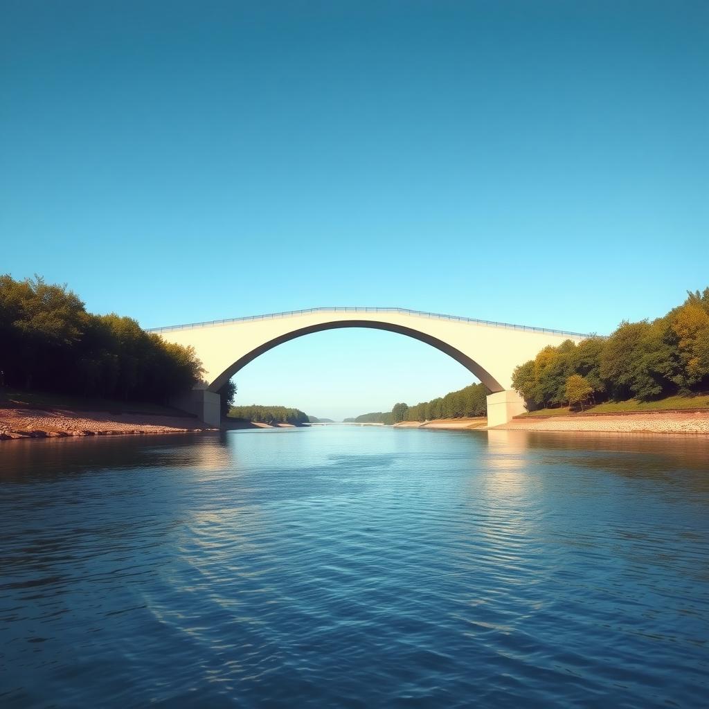 Eine minimalistische Betonbrücke, die sich über einen ruhigen Fluss wölbt, vor einem klaren blauen Himmel.