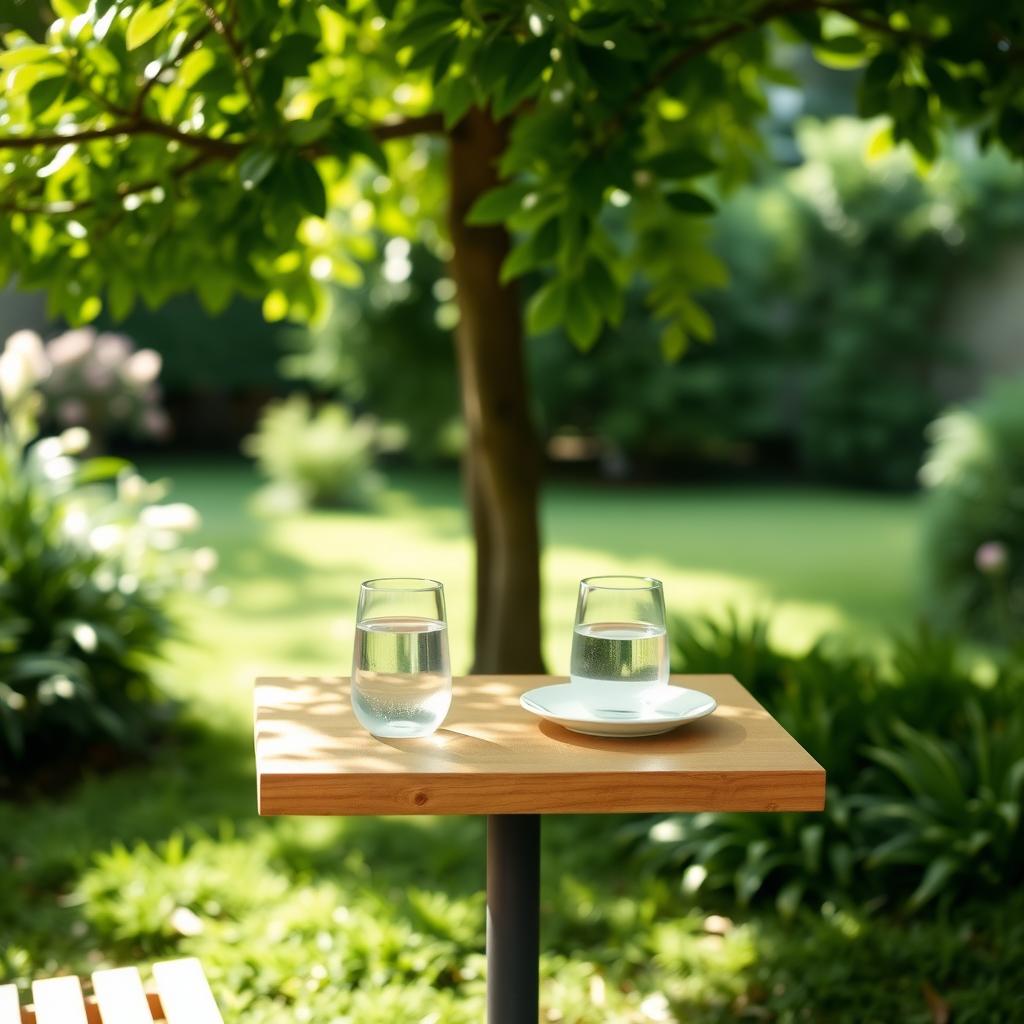 Ein ruhiger Garten mit einem kleinen Holztisch für zwei Personen, gedeckt mit einfachen weißen Tellern und Wassergläsern, unter einem Baum mit sanftem Sonnenlicht.