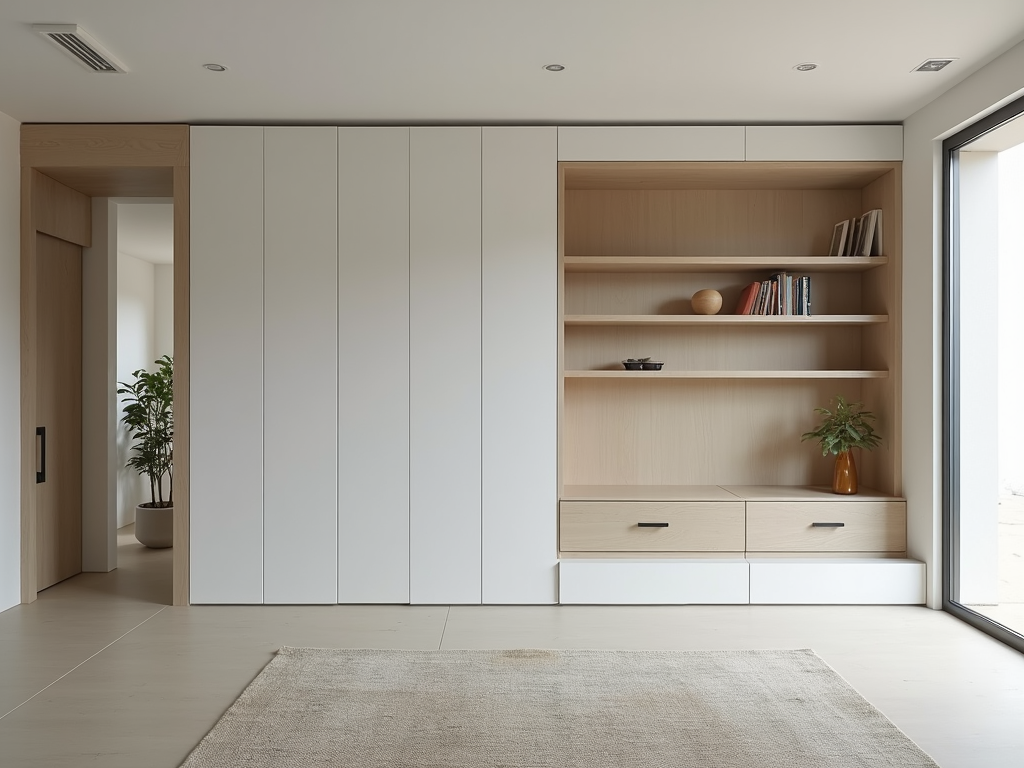 Innenansicht eines minimalistischen Hauses mit offenem Grundriss und integrierten Regalen