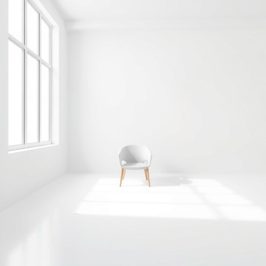 Minimalistisches Foto eines einzelnen weißen Stuhls in einem leeren Raum mit weichem Licht