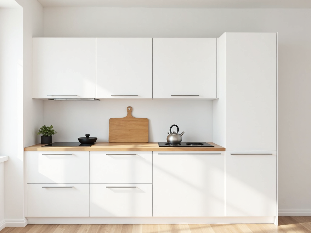 Eine minimalistische Küche mit weißen Schränken, einer Holzplatte und wenigen sichtbaren Gegenständen wie einem Wasserkocher und einem Schneidebrett.