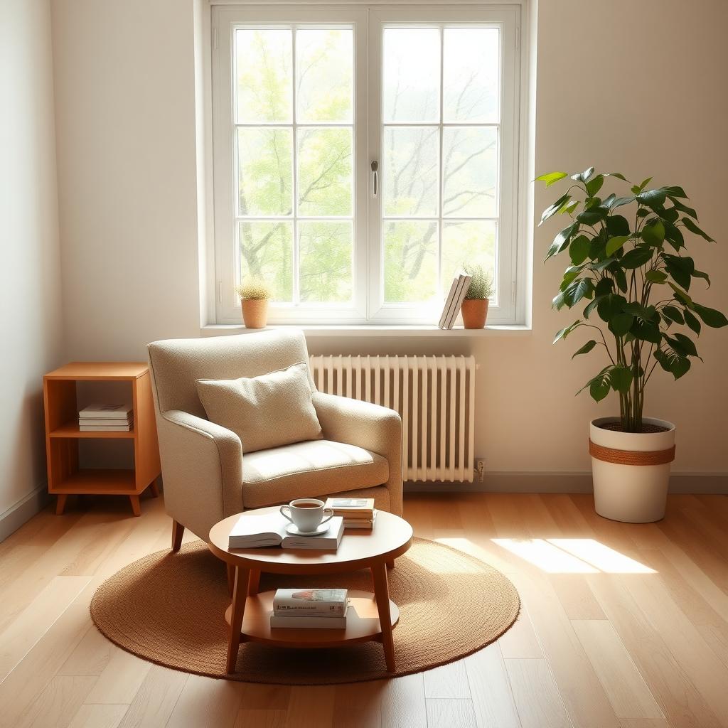 Ein minimalistisches Wohnzimmer mit einem gemütlichen Sessel, einem kleinen Holztisch mit einer dampfenden Teetasse, einem Regal mit wenigen Büchern, einem großen Fenster mit weichem Licht und einer Topfpflanze in der Ecke.