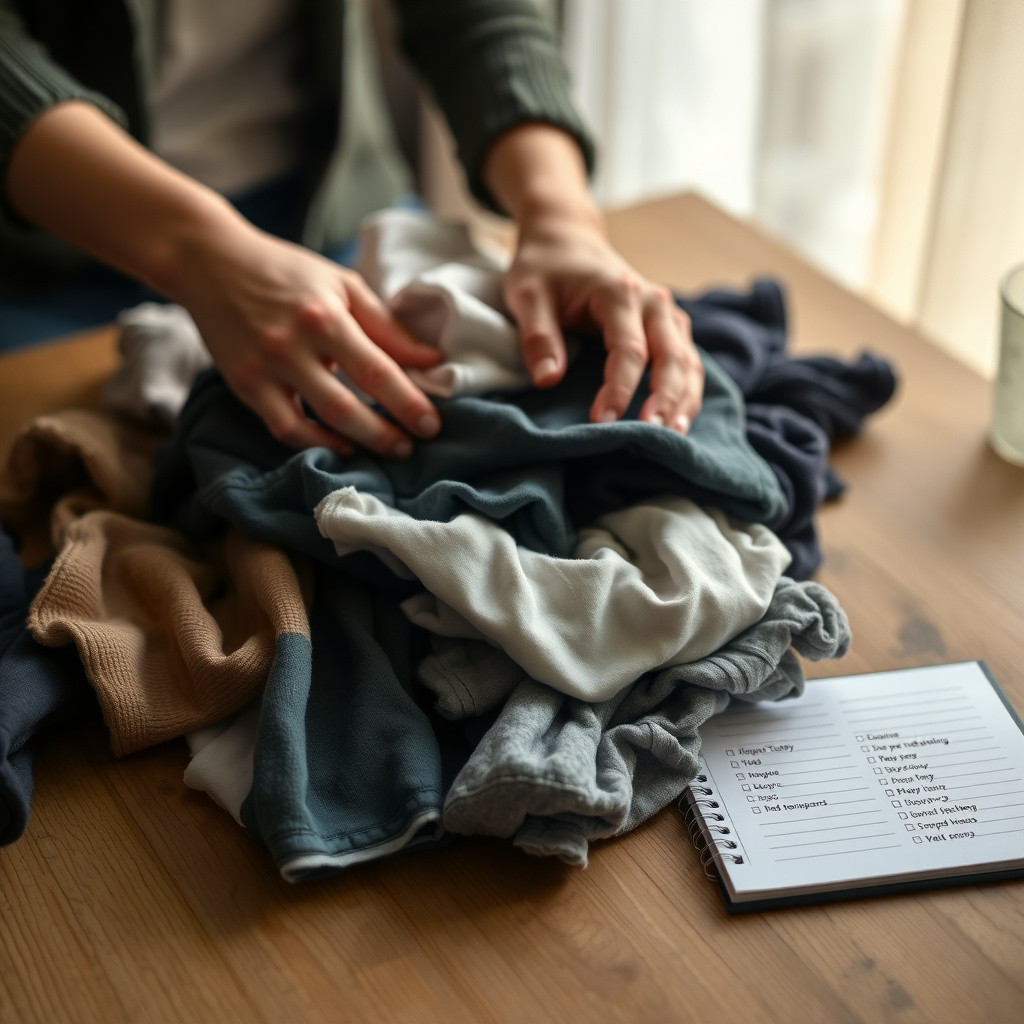 Hände, die Kleidung sortieren und entscheiden, was behalten wird