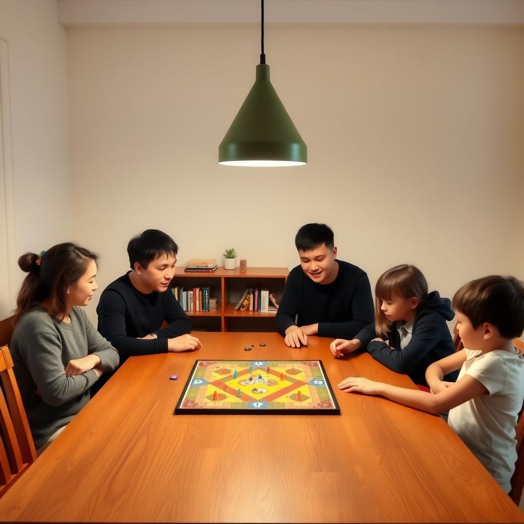 Eine Familie sitzt um einen Holztisch, spielt ein Brettspiel mit bunten Figuren, beleuchtet von einer warmen Hängelampe, mit einem aufgeräumten Hintergrund und einem Regal mit wenigen Büchern und einer Pflanze.