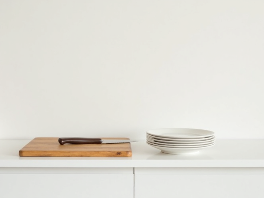Minimalistische Küchenzeile mit wenigen Utensilien.