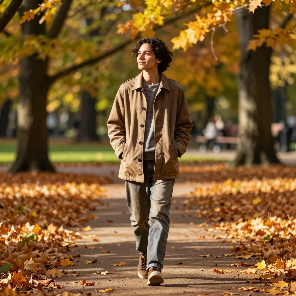 Person spaziert entspannt durch einen Park in herbstlicher Natur, ohne Handy, mit friedlichem Gesichtsausdruck