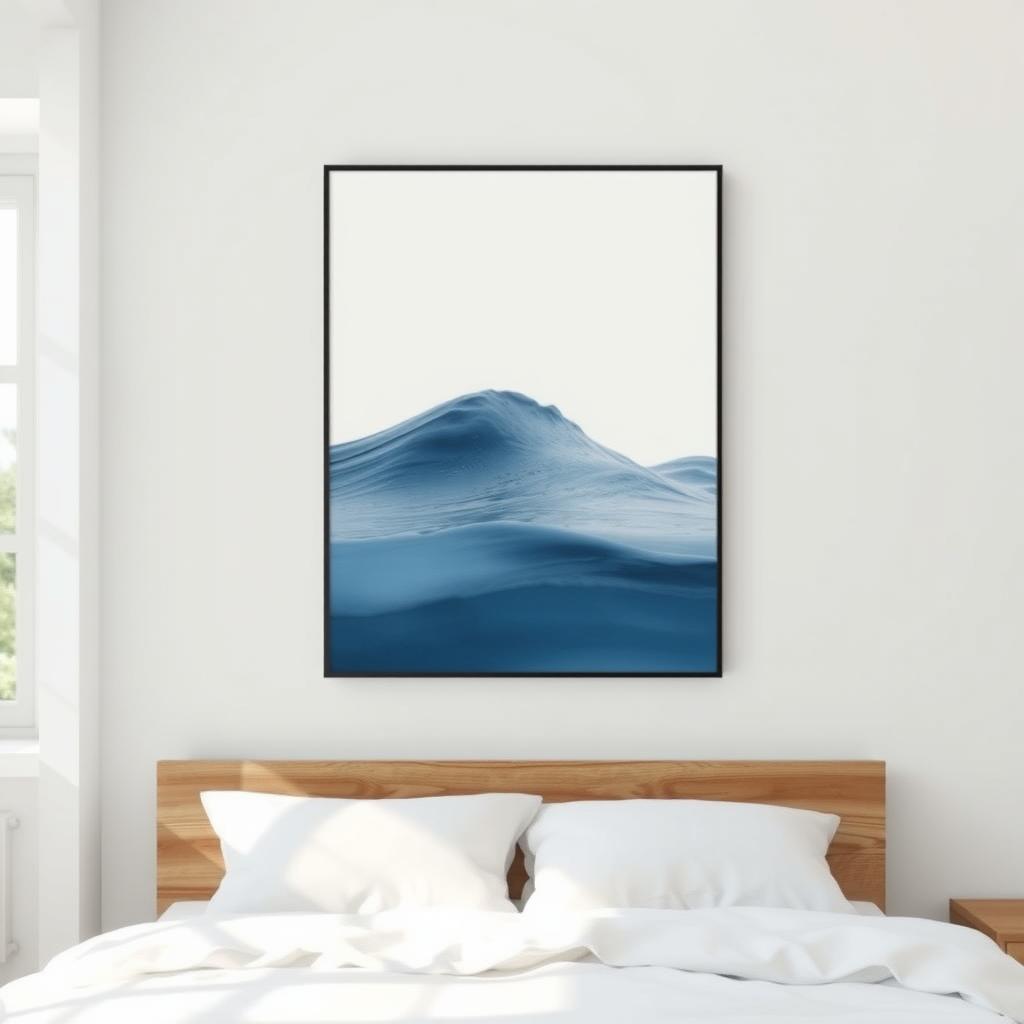 Minimalistisches Wandbild mit einer blauen Welle auf weißem Hintergrund, in einem schwarzen Metallrahmen, über einem Holzbett in einem ruhigen Schlafzimmer.