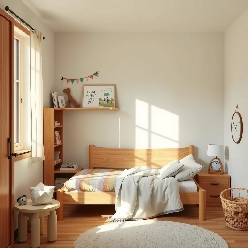 Einfaches Kinderzimmer mit Holzbet, wenigen Büchern auf einem Regal, natürlichen Materialien, ruhiger und geordneter Atmosphäre, weichem Licht