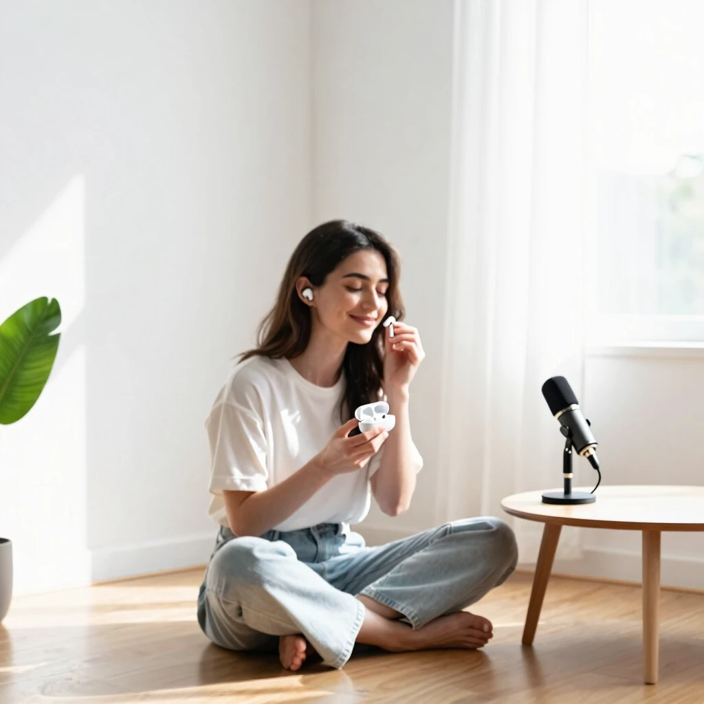 Frau in minimalistischer Umgebung hört Podcast und lächelt entspannt