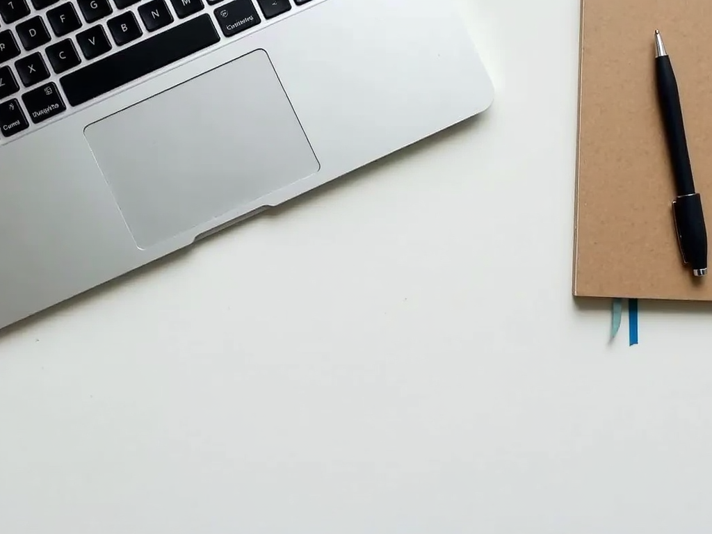 Ein minimalistisches Homeoffice mit einem schlanken Schreibtisch, einem Laptop, einem Notizbuch und einem einzigen Stift, das einen aufgeräumten Arbeitsplatz zeigt.
