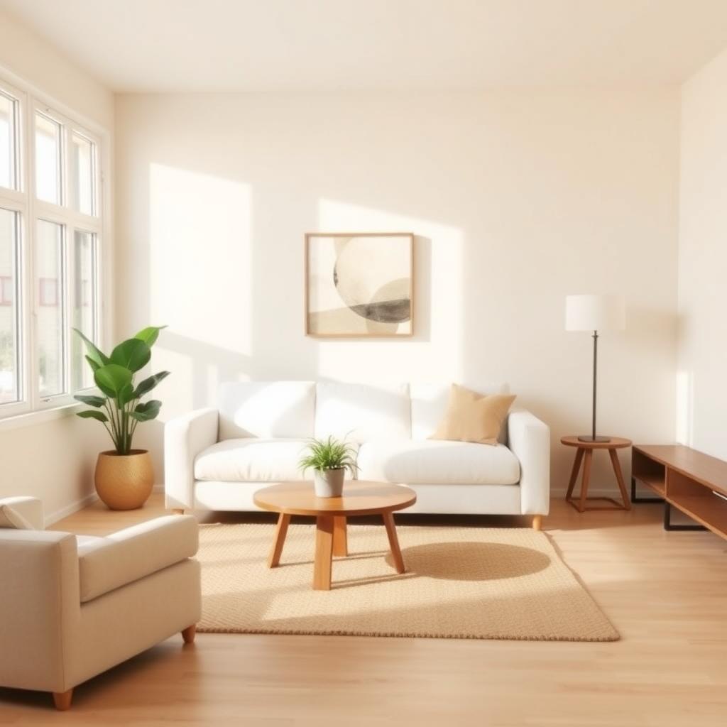 Ein minimalistisches Wohnzimmer mit weißem Sofa, einem Holztisch mit einer Pflanze und großen Fenstern, die Tageslicht hereinlassen.