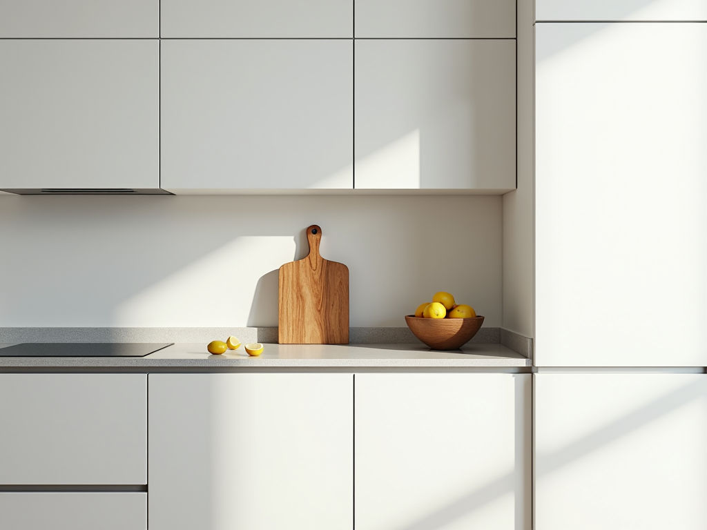 Minimalistische Küche mit weißen Schränken und Zitronenschale.