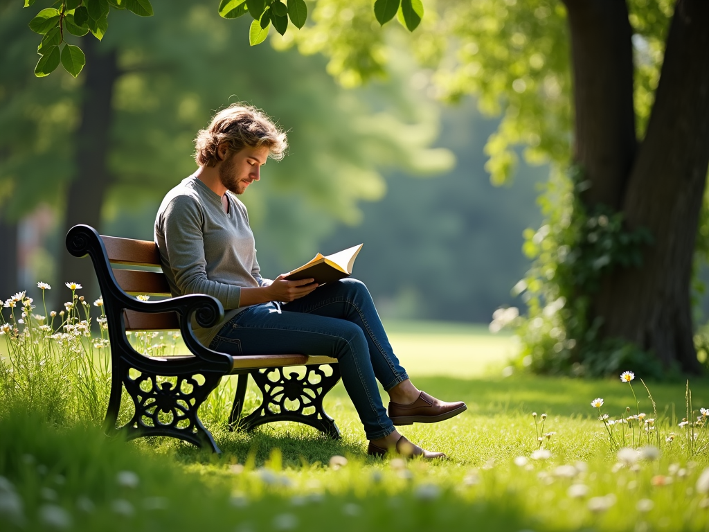 Person liest ein Buch auf einer Parkbank, umgeben von Natur.