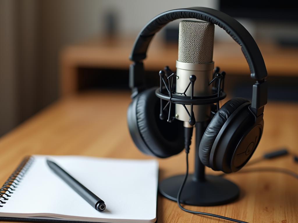 Nahaufnahme eines einfachen Podcast-Setups mit Mikrofon, Kopfhörern und einem Notizblock auf einem Holztisch.
