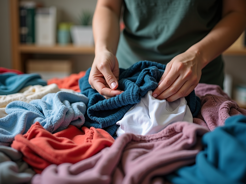 Eine Person sortiert Kleidung und entscheidet, was behalten und was gespendet wird.