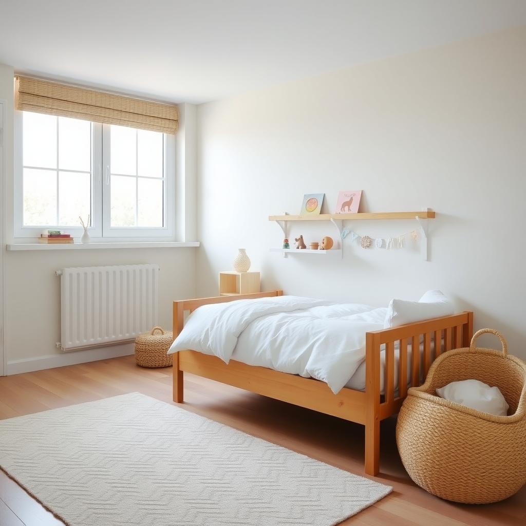 Ein minimalistisches Kinderzimmer mit einem Holzbett, weißer Bettwäsche, einem kleinen Regal mit ausgewählten Büchern und Spielzeugen, einem Korb und einem weichen Teppich, beleuchtet durch natürliches Licht.