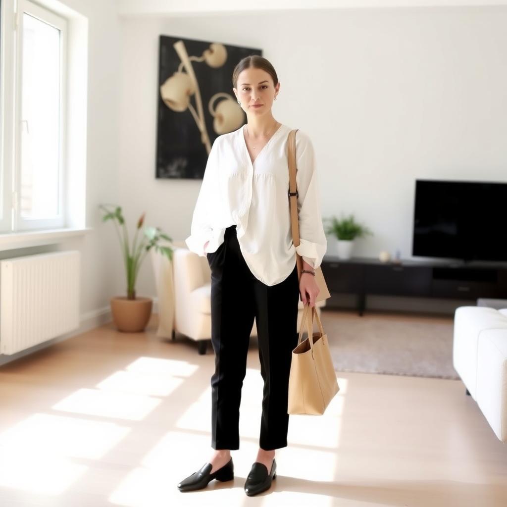 Eine Frau in einem minimalistischen Outfit aus weißer Leinenbluse, schwarzer Hose und schwarzen Lederschuhen in einem modernen, schlichten Raum.