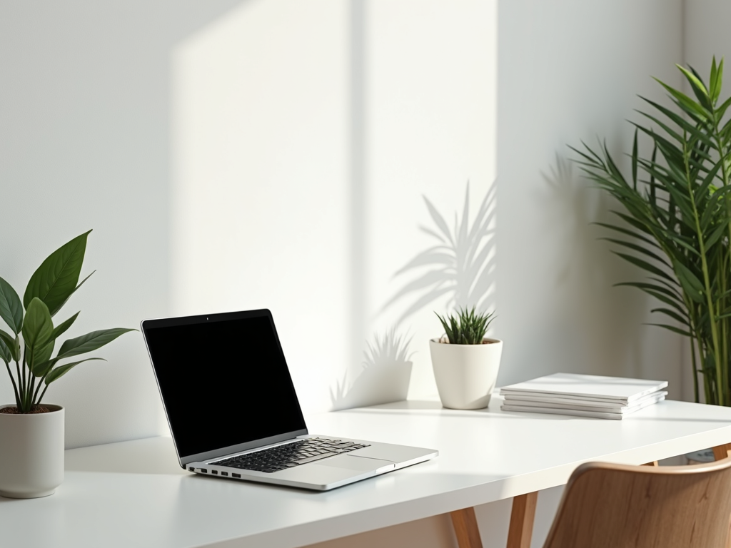 Ein aufgeräumtes Homeoffice mit einem geschlossenen Laptop und einer Topfpflanze, das digitalen Minimalismus symbolisiert.