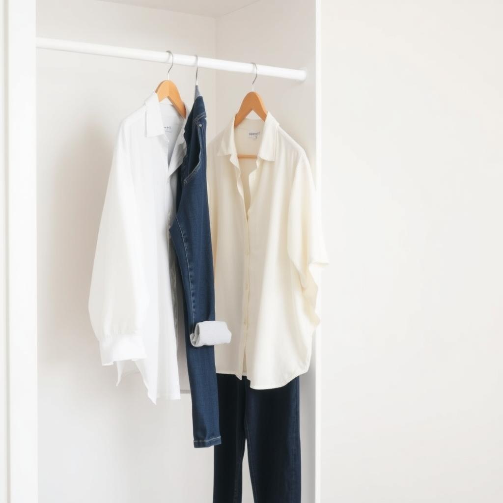 Minimalistische Garderobe mit wenigen, hochwertigen Kleidungsstücken an Holzbügeln in einem hellen Raum