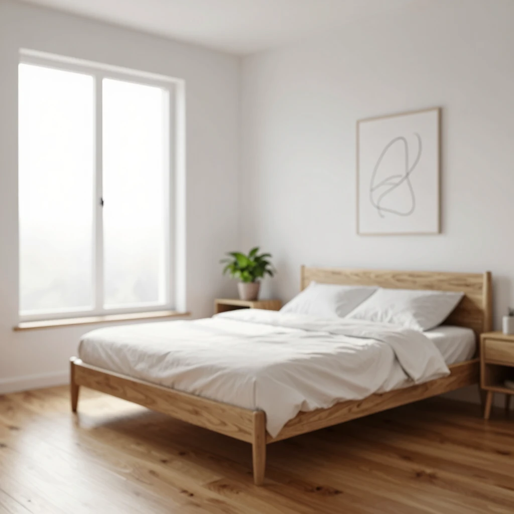 Minimalistisches Schlafzimmer bei Sonnenaufgang, das Ruhe und Einfachheit ausstrahlt