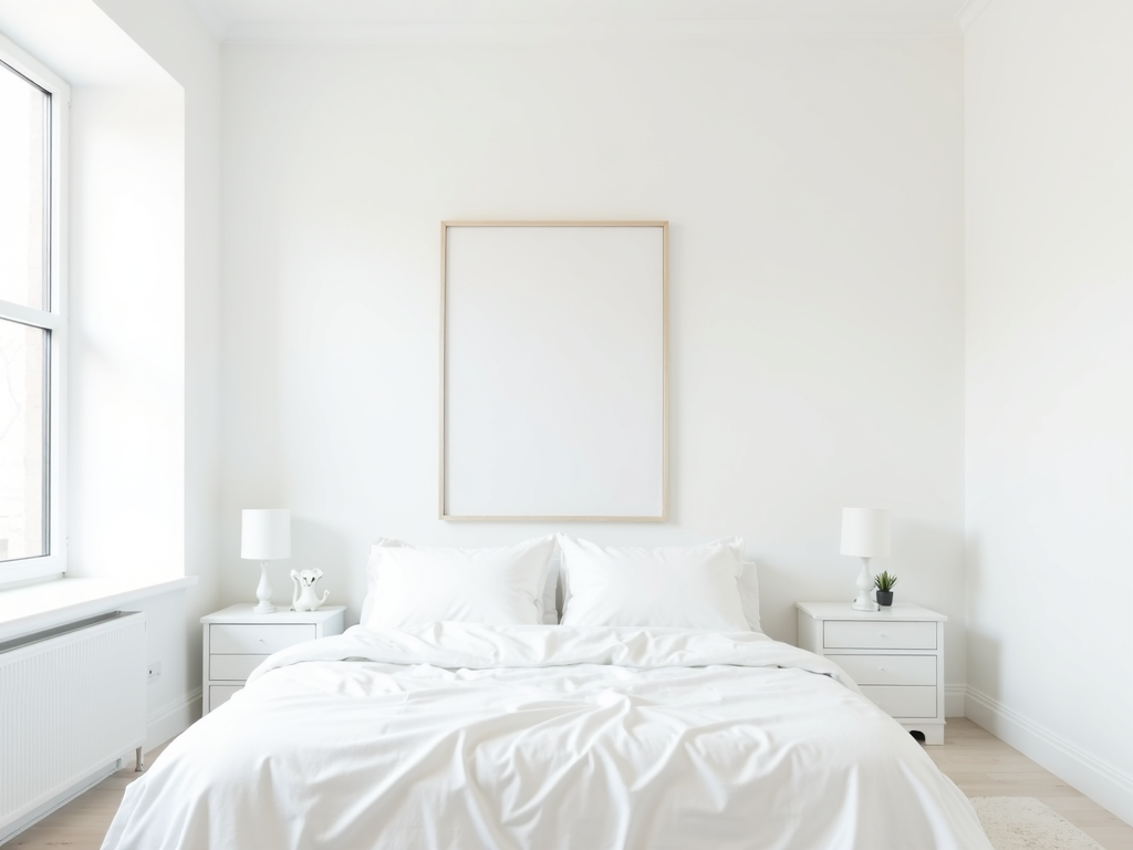 Komplett weißes minimalistisches Schlafzimmer mit viel natürlichem Licht