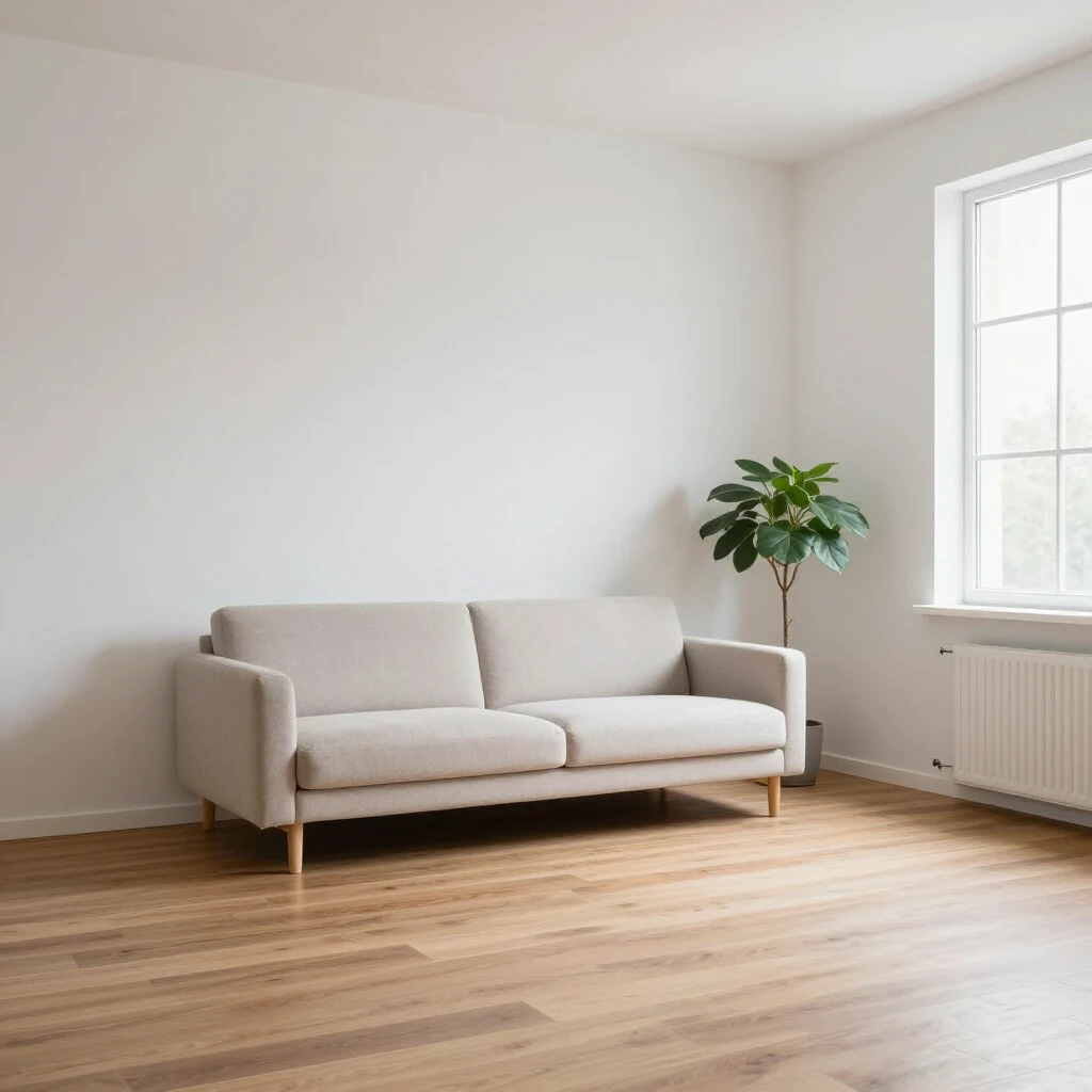 Ein ruhiges, minimalistisches Wohnzimmer mit weißen Wänden, Holzboden, einfachem Sofa, einer Pflanze und natürlichem Licht durch das Fenster