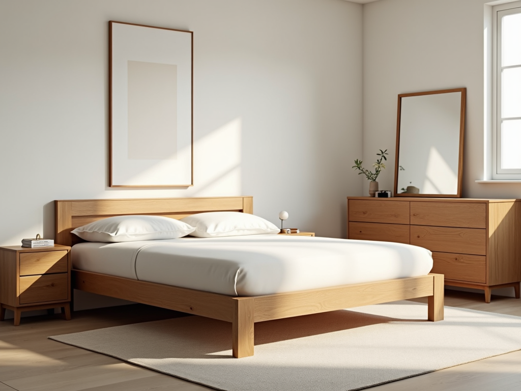 Ein minimalistisches Schlafzimmer mit einem Holzbettrahmen, einer multifunktionalen Kommode, einem einzelnen Wandbild und weichem natürlichem Licht.