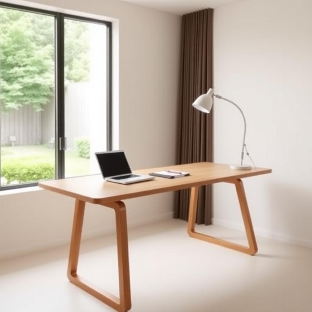 Minimalistisches Homeoffice mit einem Holzschreibtisch, einem Laptop, einem Notizbuch und einer Lampe, nah an einem Fenster mit Blick auf einen grünen Garten.