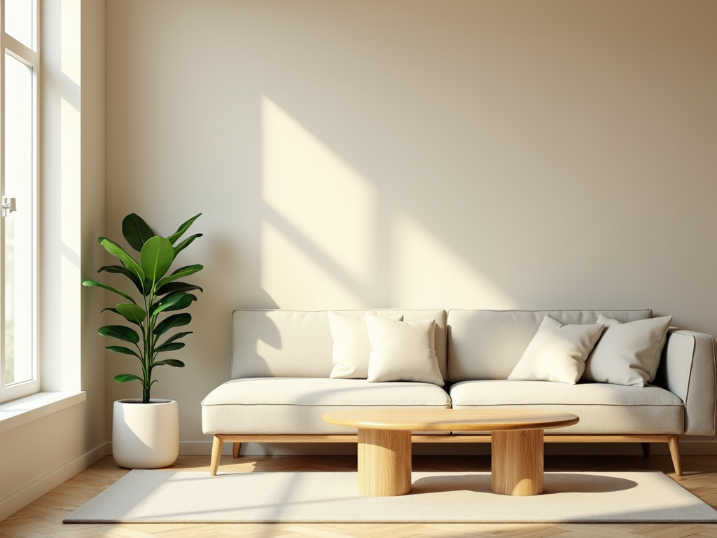 Minimalistisches Wohnzimmer mit Sofa, Holztisch und Pflanze.