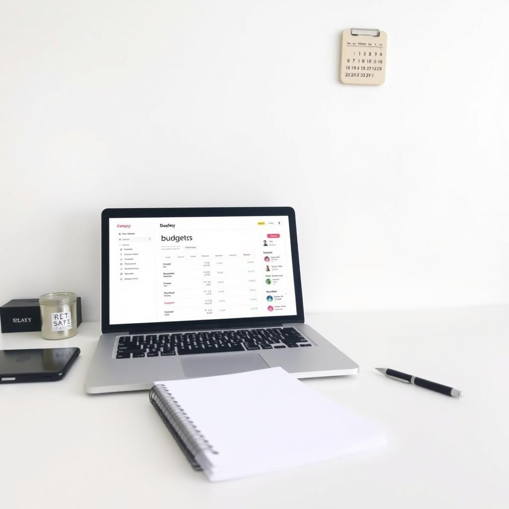 Ein ordentlicher Schreibtisch mit einem Laptop, der eine Budget-App zeigt, einem Notizbuch und einem Stift vor einer schlichten weißen Wand.