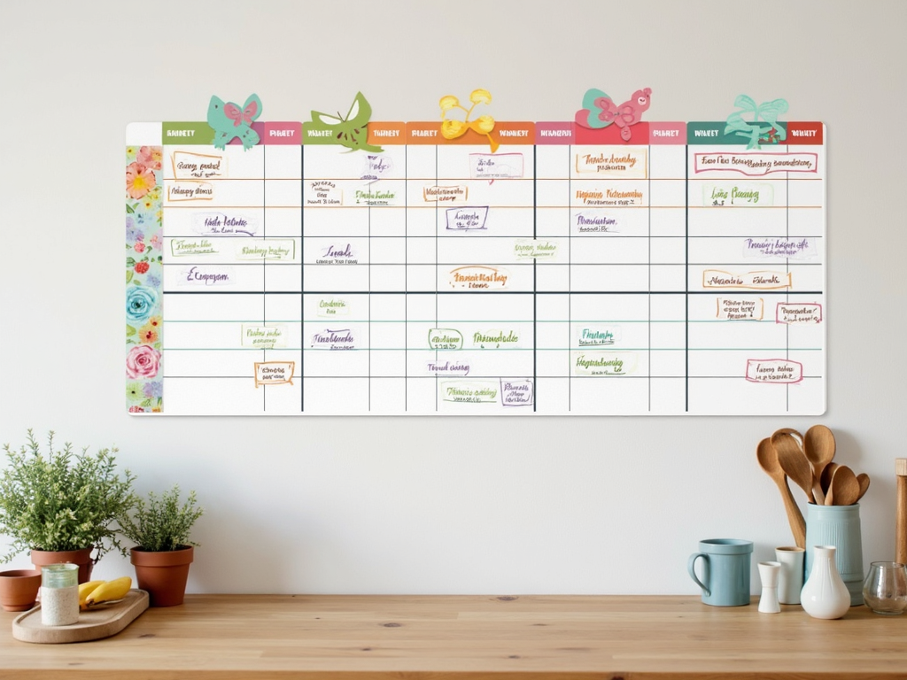 Ein bunter Wochenplan an der Küchenwand mit Familienaktivitäten und Routinen.