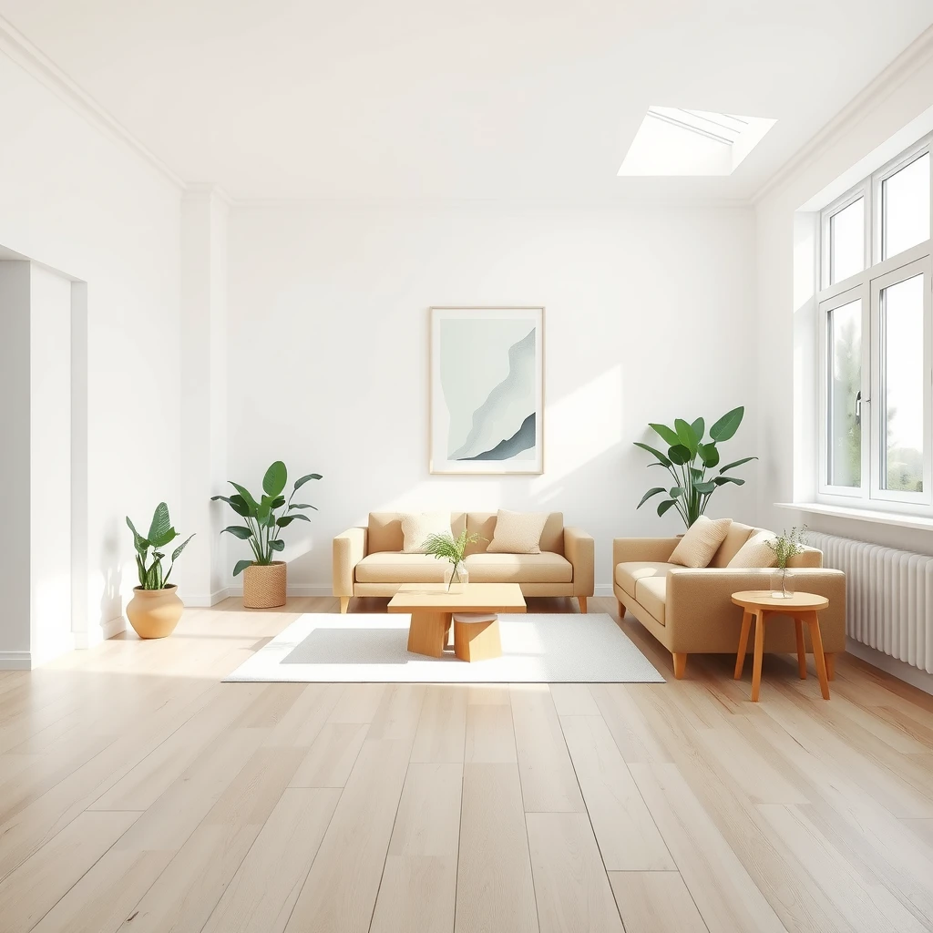 Helles, ruhiges minimalistisches Wohnzimmer mit viel Freiraum und natürlichem Licht