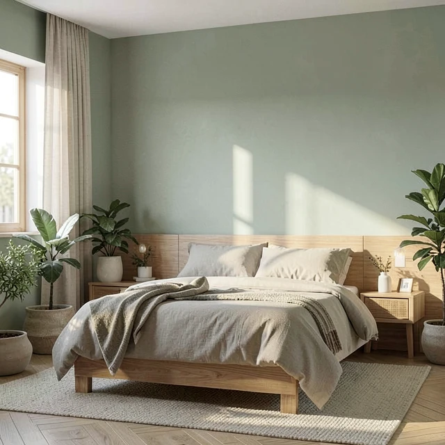 Schlafzimmer in sanften Grüntönen mit natürlichen Elementen