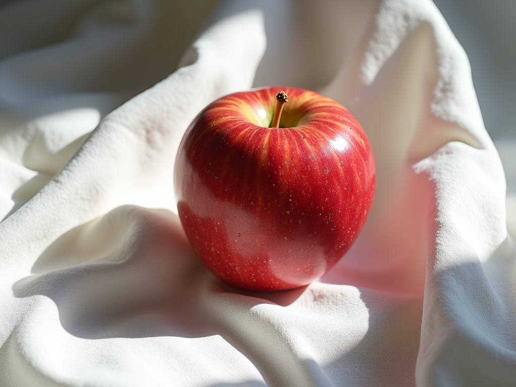 Ein roter Apfel auf weißem Stoff, leicht schattig, zeigt die Schlichtheit der minimalistischen Fotografie.