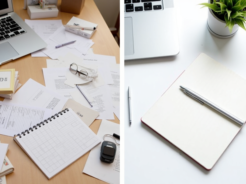 Vorher-Nachher: Unaufgeräumter vs. minimalistischer Schreibtisch