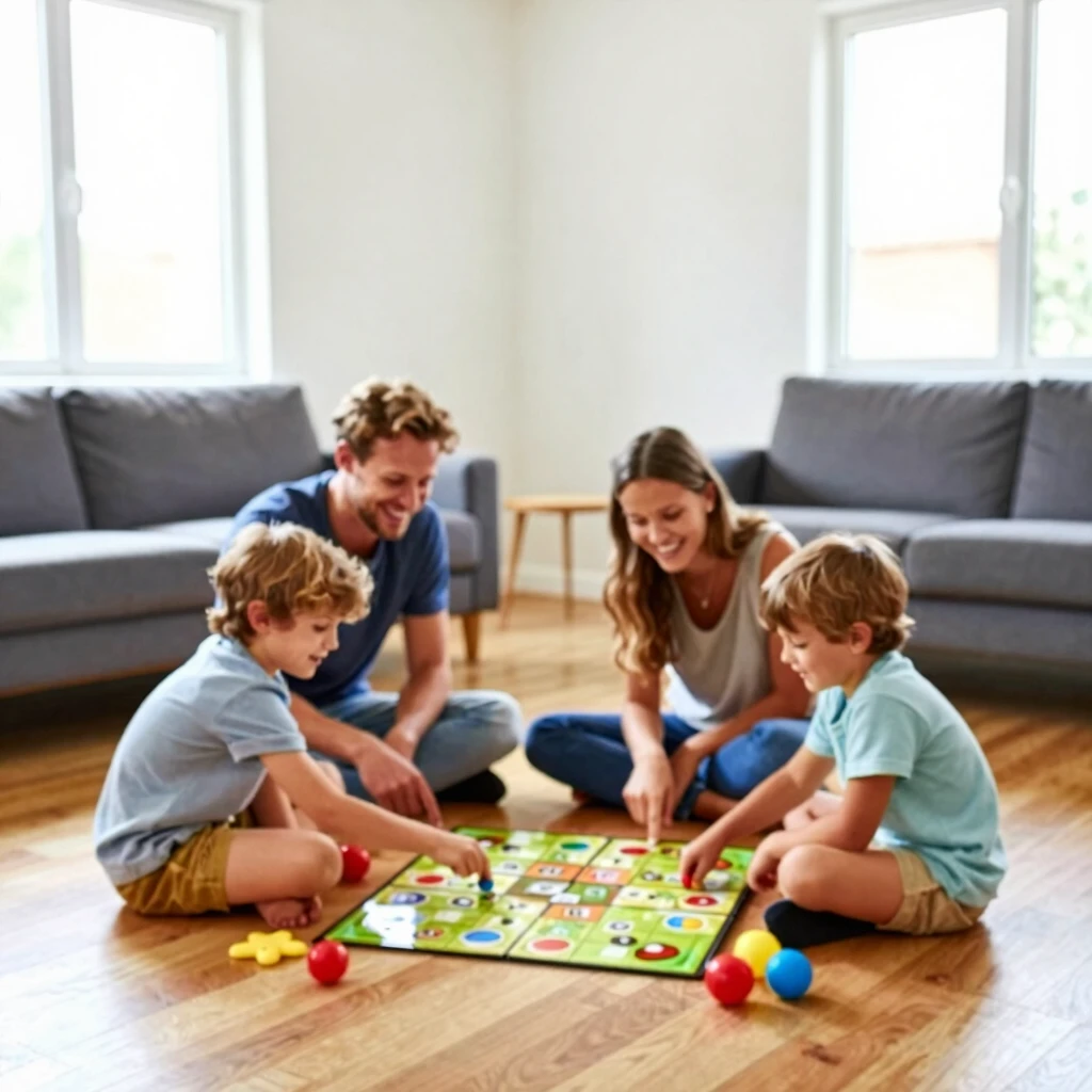 Eine glückliche Familie beim gemeinsamen Spielen in einem minimalistischen Wohnzimmer