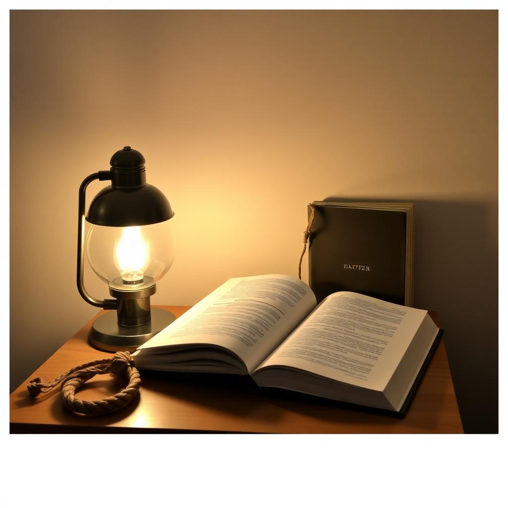 Minimalistischer Nachtisch mit Lampe und Buch.